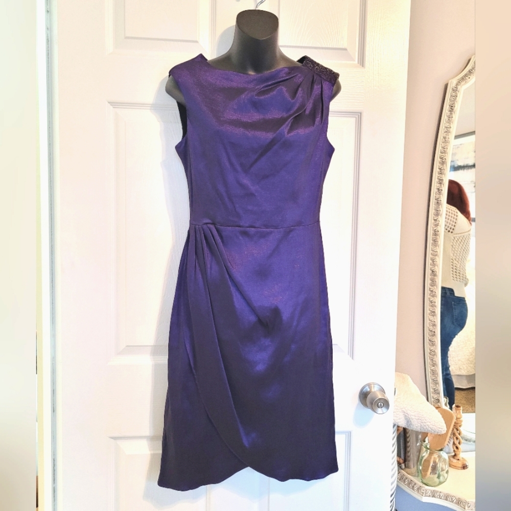 Purple Lamè draped front cocktail dress petal skirt London Times Size 8